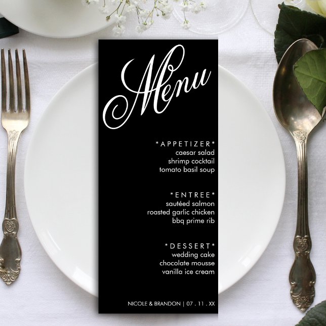 Menu Noir & Blanc Élégant Script Mariage Réception (Black & White Elegant Script Wedding Reception Menu)