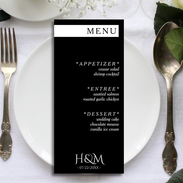 Menu Noir Blanc Simple Stripe Dîner Réception Mariage (black and white wedding menu)