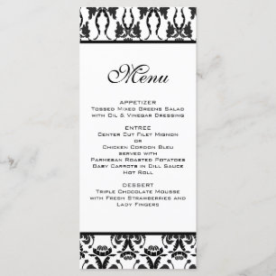 Menu noir et blanc de mariage damassé