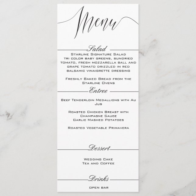 Menu Noir et Blanc Elégant Mariage (Devant)