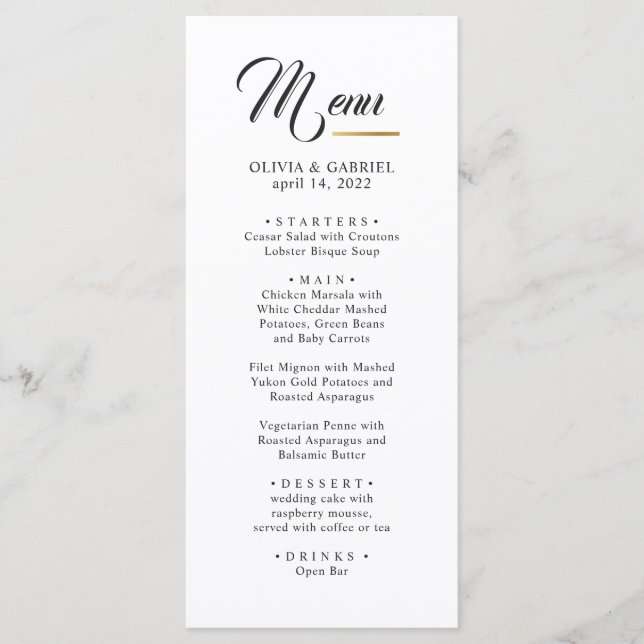 Menu Noir et blanc. Mariage classique simple (Devant)