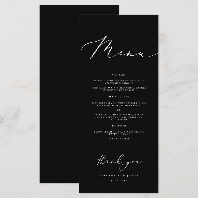 Menu Noir minimaliste calligraphie Mariage Dîner (Devant / Derrière)
