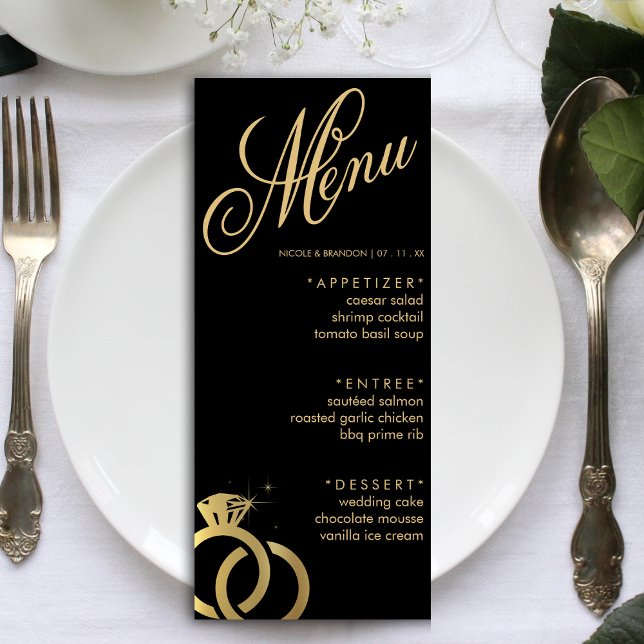 Menu Noir & Or Anneau Diamant Réception de mariage (Black & Gold Diamond Ring Wedding Reception Menu)