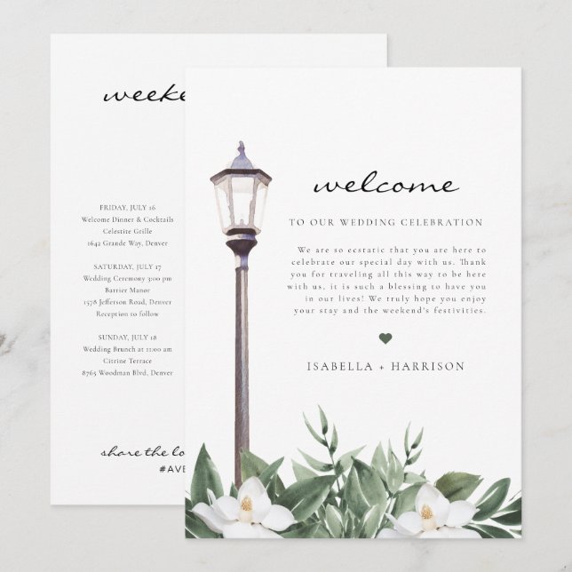 Menu NOLA Watercolor Magnolia Welcome Letter Timeline (Devant / Derrière)