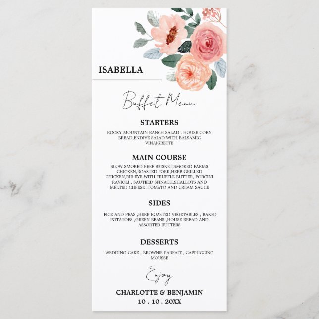 Menu Nom d'invité personnalisé Floral Mariage Buffet Me (Devant)