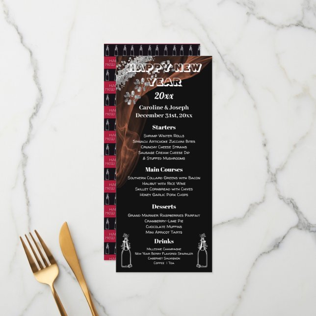 Menu Nouvel An Noir & Argent & Champagne Bubbly (Devant/Arrière en situation)