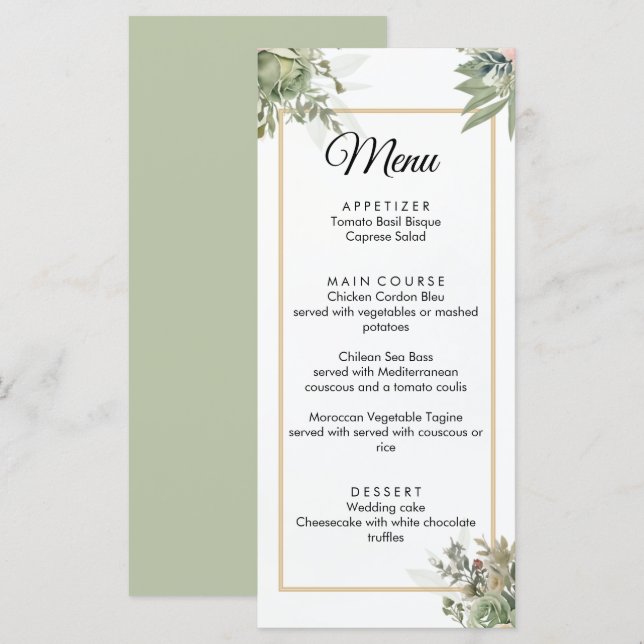 Menu Nuances de Mariage de Sage (Devant / Derrière)