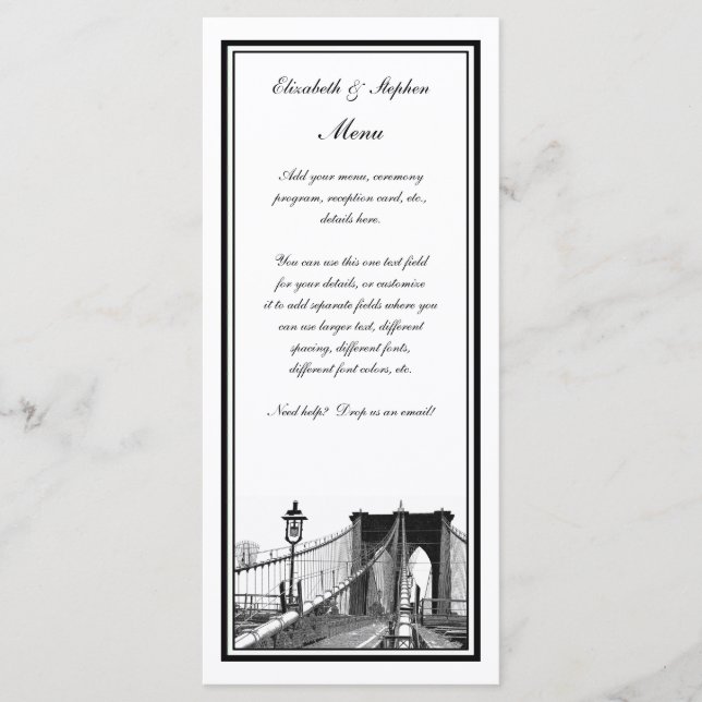 Menu NYC Skyline Brooklyn Bridge #2 Etched Cadre (Devant)