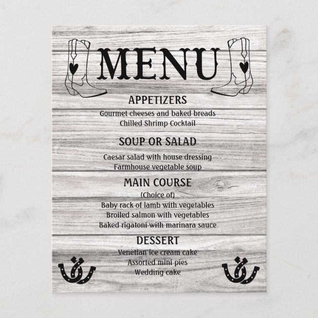 Menu Occidental Mariage campagnard Cowboy Boots Bo (Devant)