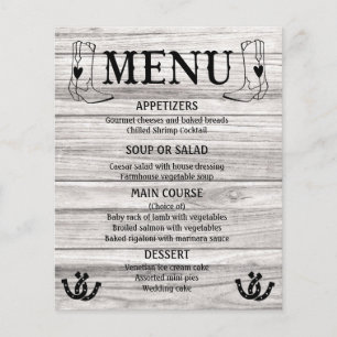 Menu Occidental Mariage campagnard Cowboy Boots Bo