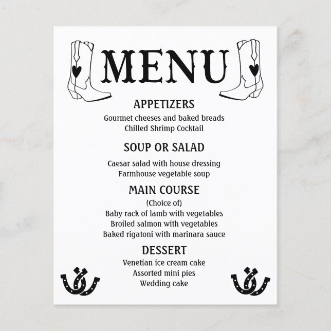 Menu Occidental Mariage campagnard Cowboy Boots No (Devant)