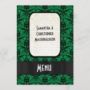 Menu officiel damassé noir et vert mariage