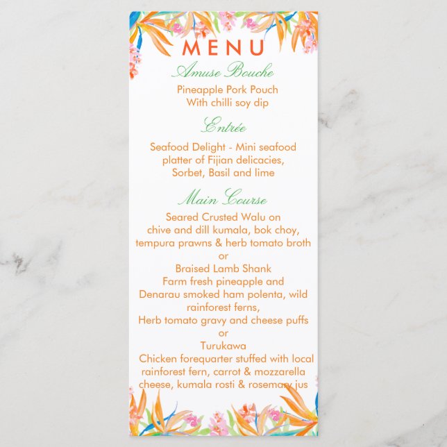 Menu Oiseau du Paradis aquarelle Tropical étendu (Devant)