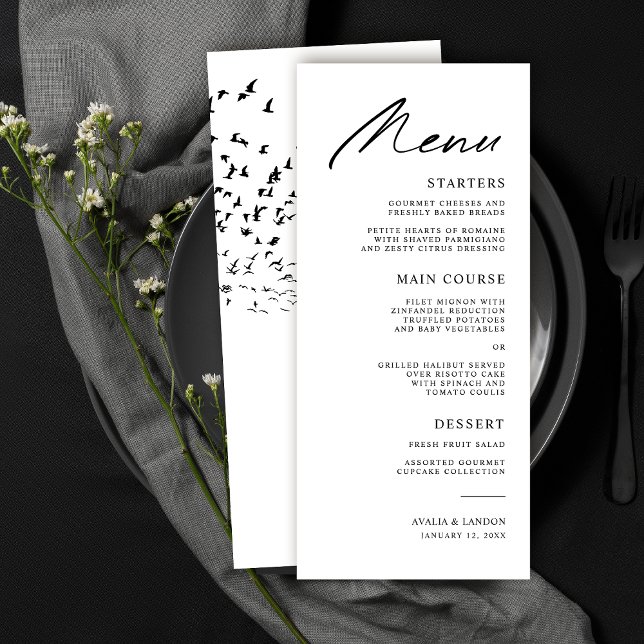 Menu Oiseaux modernes d'un Mariage noir et blanc (Créateur téléchargé)