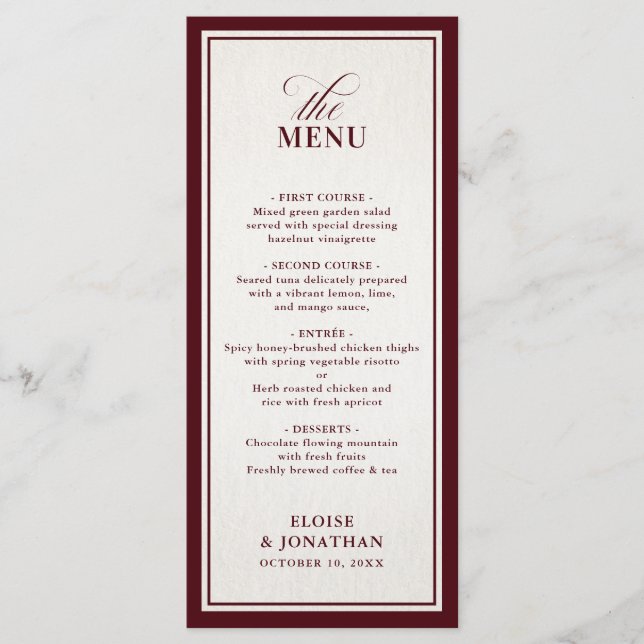 Menu Old Money Modern Formal Burgundy Luxury Wedding (Devant)