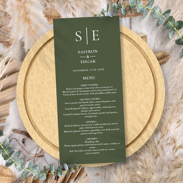 Menu Olive Green Monogram Dîner Mariage (Olive Green Monogram Wedding Dinner Menu)