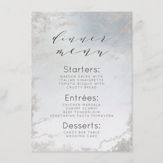 Menu Ombre Dusty Blue Frosted Silver Foil Dîner moderne (Devant)