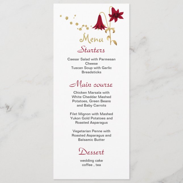 Menu or de fleur bordeaux et mariage blanc (Devant)