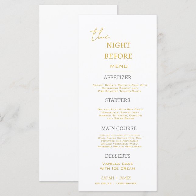 Menu Or et blanc minimes La nuit avant le Mariage (Devant / Derrière)