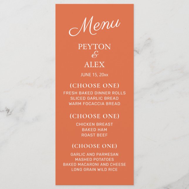 Menu Orange Blanc Mariage Réception Répétition Dîner (Devant)