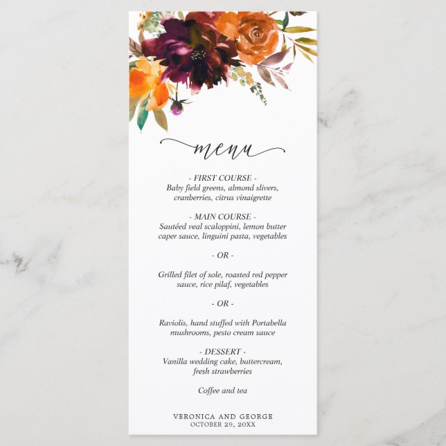 Menu Orange Bourgogne Brûlé Chute Florale Rustique Mari (Devant)