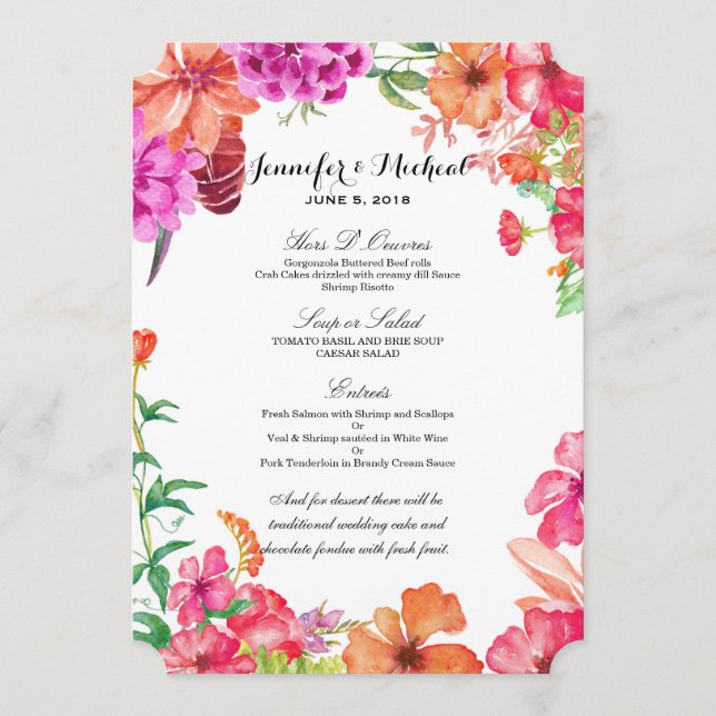 Menu orange rose de mariage de jardin d'aquarelle (Devant)