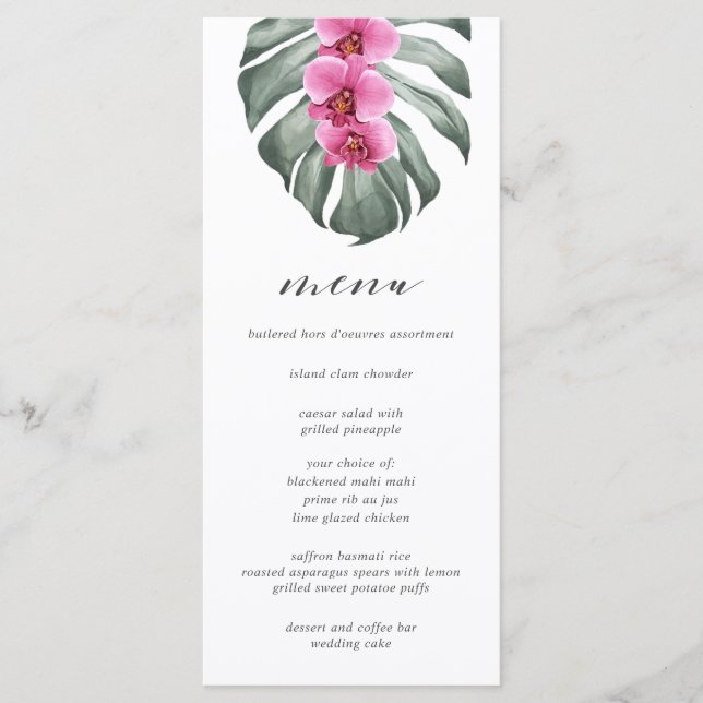 Menu Orchidées roses chaudes sur Monstera Mariage tropi (Devant)