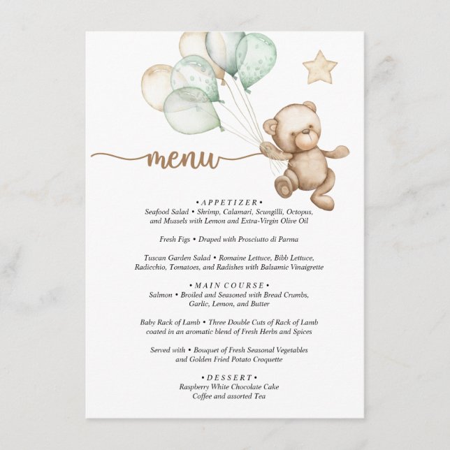 Menu Ourson Mignon Baby Shower (Devant)