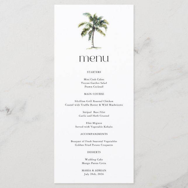 Menu Palm Tree minimal Mariage de plage tropicale (Devant)