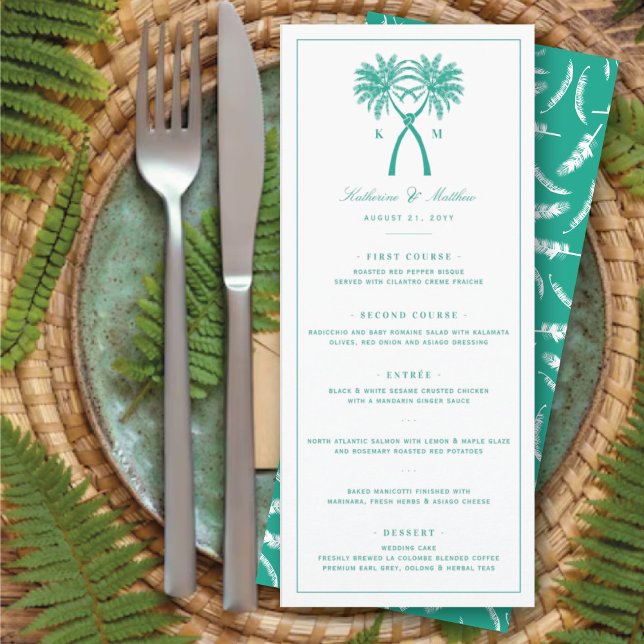 Menu Palmiers noués Destination Tropicale Mariage (Knotted Palm Trees Monogram Tropical Destination Wedding Menu Card @ fatfatin_blue_knot)