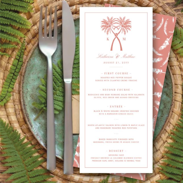 Menu Palmiers noués Destination Tropicale Mariage (Knotted Palm Trees Monogram Tropical Destination Wedding Menu Card @ fatfatin_blue_knot)