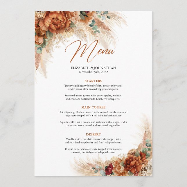 Menu Pampas fleurie en terre cuite tendance eucalyptus (Devant)