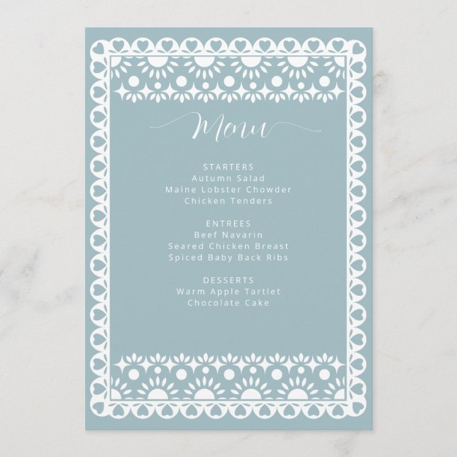 Menu Papier bleu mexicain Fête des mariées Picado Boho (Devant)