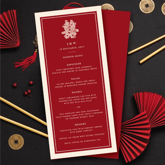 Menu Papier floral coupé Double bonheur Mariage chinois (Floral Paper Cut Double Happiness Chinese Wedding Menu @ fatfatin_red_knot)