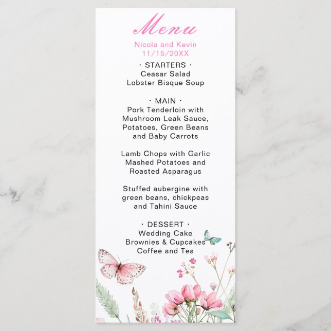Menu Papillon Floral Rose Printanier Mariage (Devant)
