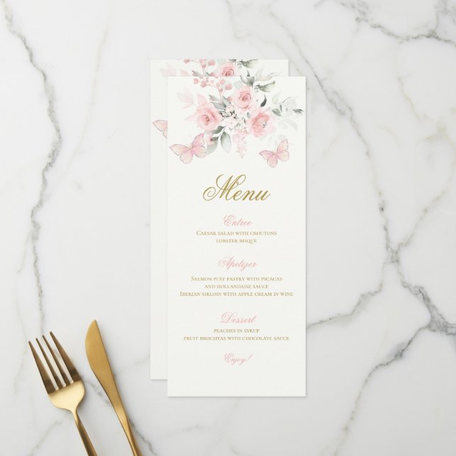 Menu Papillon rose Quinceañera (Devant/Arrière en situation)