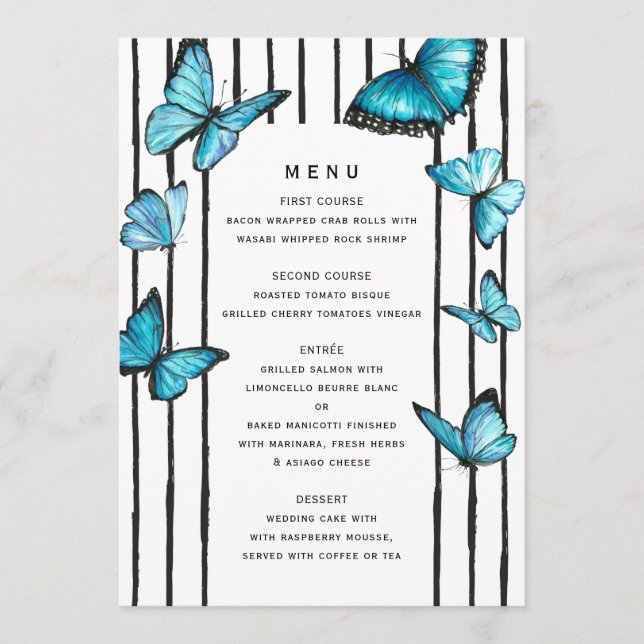 Menu Papillons bleus. Bandes blanches noires (Devant)