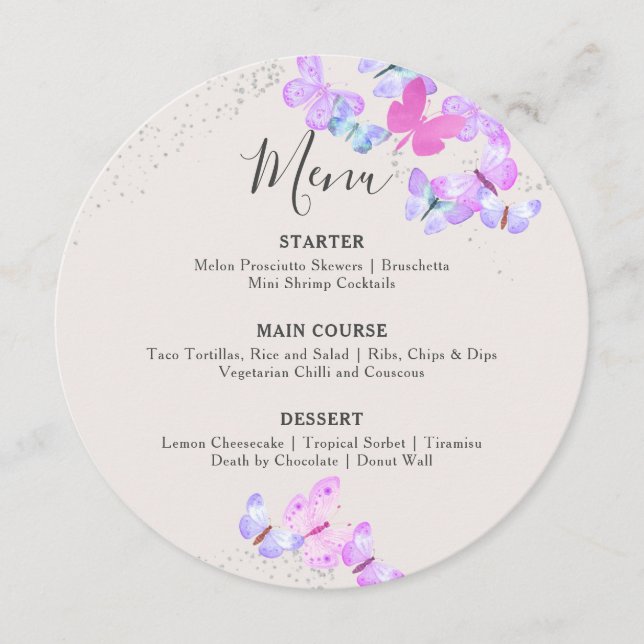 Menu Papillons Ciels Argent rose Confetti Round (Devant)