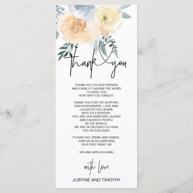 Menu Paramètre de table de Merci de Mariage Floral Blue (Devant)