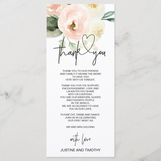 Menu Paramètre de table de Merci de Mariage rose pâle (Devant)