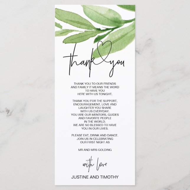 Menu Paramètre de table de Merci Mariage Eucalyptus ver (Devant)
