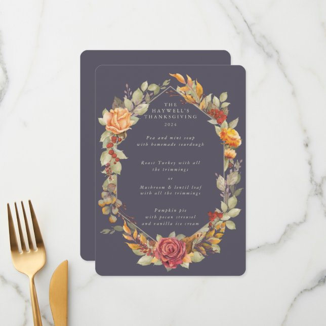 Menu Parcours 3 Plat à cadre floral Thanksgiving (Devant/Arrière en situation)