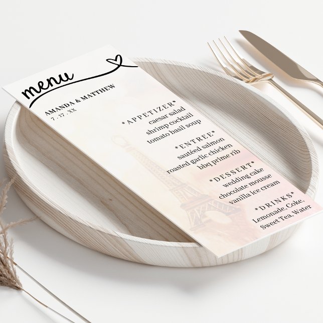 Menu Paris France Tour Eiffel Accueil de Mariage Coeur (Paris France Eiffel Tower Heart Wedding Reception Menu
)