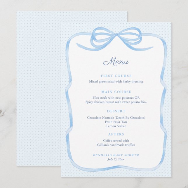 Menu Partie de Baby shower de garçon de la boîte bleue  (Devant / Derrière)