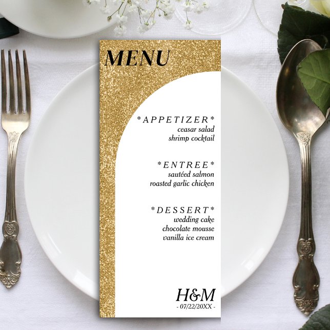 Menu Parties scintillant blanche et or Arche courbée Ré (White & Gold Glitter Curved Arch Wedding Reception Menu)