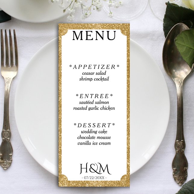Menu Parties scintillant blanche et or Concave Réceptio (White & Gold Glitter Concave Corner Wedding Reception Menu)