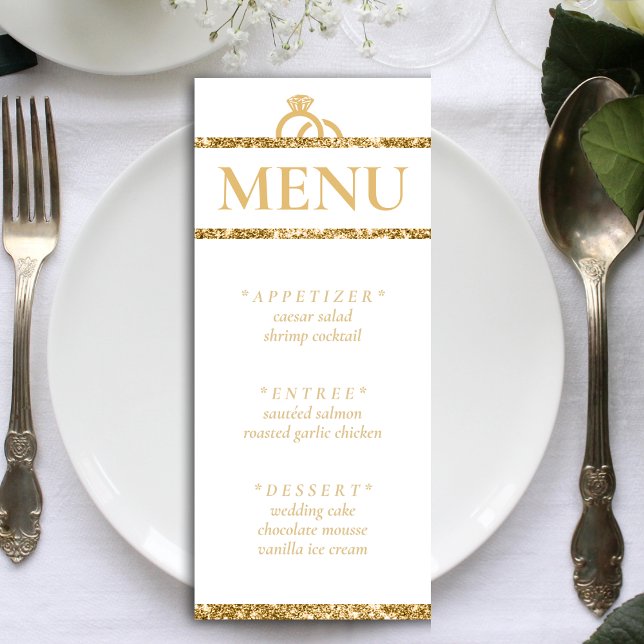 Menu Parties scintillant blanche et or Réception de mar (White & Gold Glitter Wedding Reception Menu)