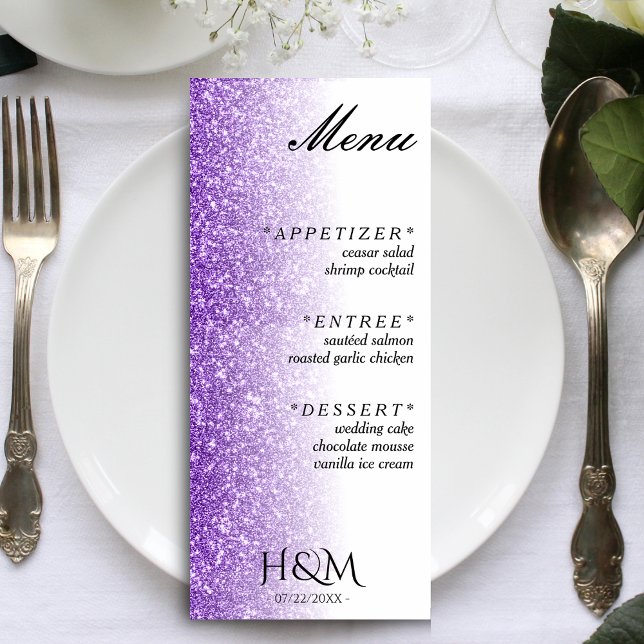 Menu Parties scintillant blanche et violette Dîner Réce (White & Purple Glitter Dinner Wedding Reception Menu)