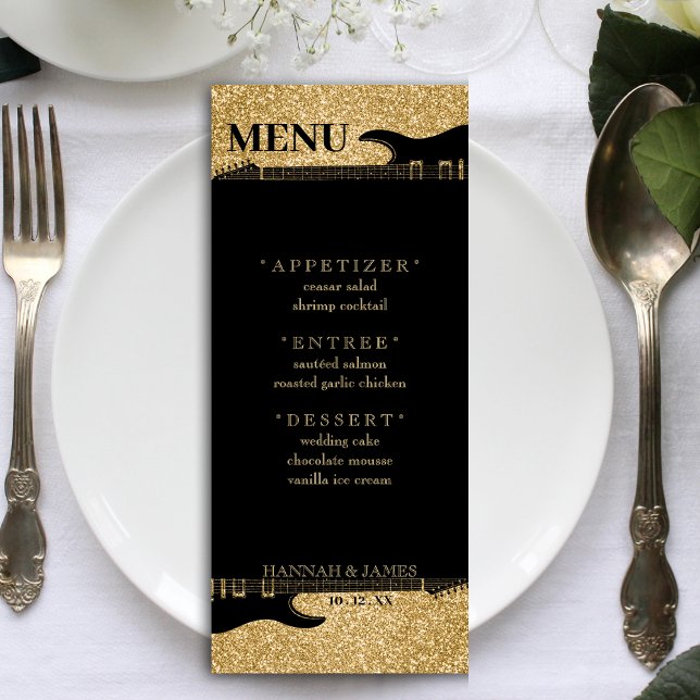 Menu Parties scintillant en noir et or Guitare Mariage  (Black & Gold Glitter Guitar Wedding Reception Menu)