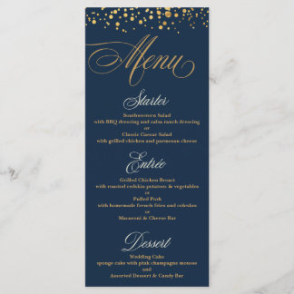 Menu Parties scintillant marine et or Confetti Mariage 
